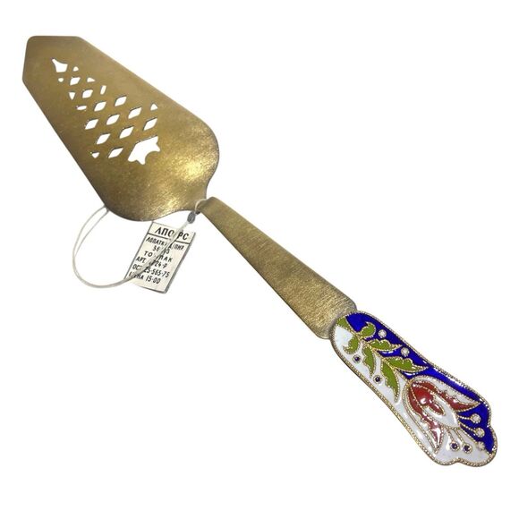 Vintage Soviet Cake Server Shovel Tombac Cloisonné Tulip Enamel Handle USSR 1975 - Picture 1 of 9